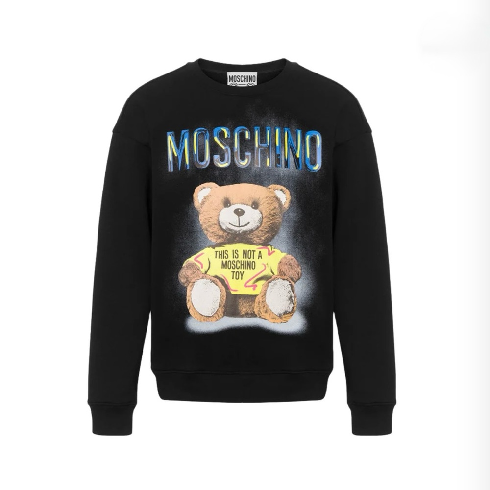NWT Moschino Mens Black Sweater with Bear and Bold Logo.. Size XL